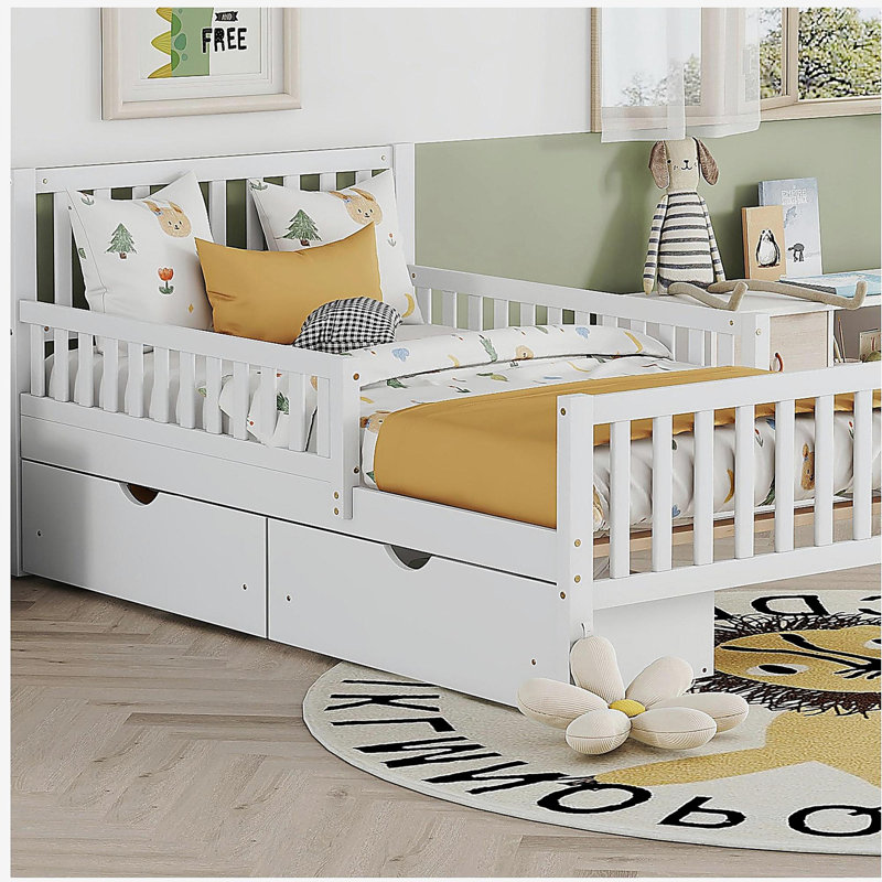 Lit plateforme en bois avec gardes latéraux et deux tiroirs de rangement, Lit simple, Blanc