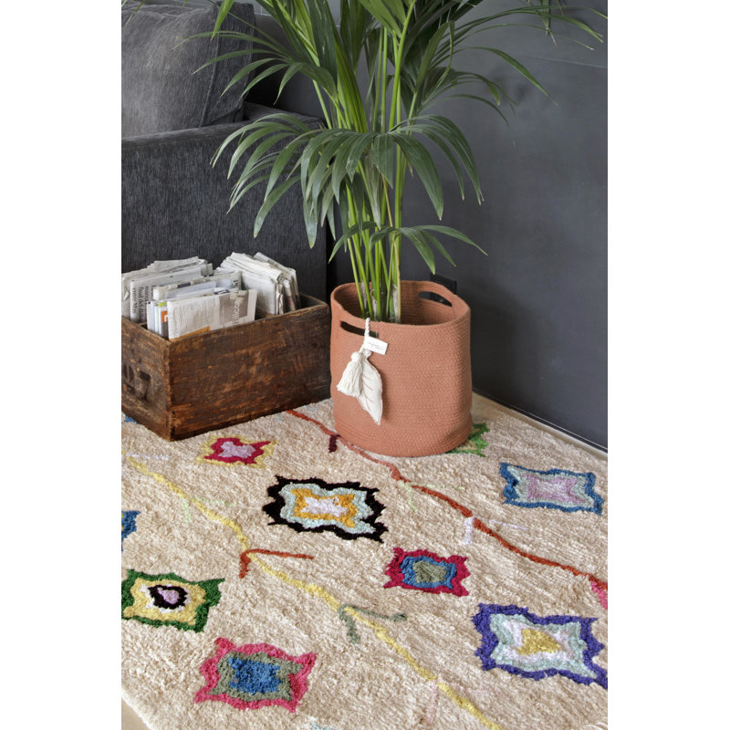 Kaarol Hand Tufted Cotton Moroccan Area Rug in Beige/Orange/Yellow/Navy, Rectangle 5'7" x 8'