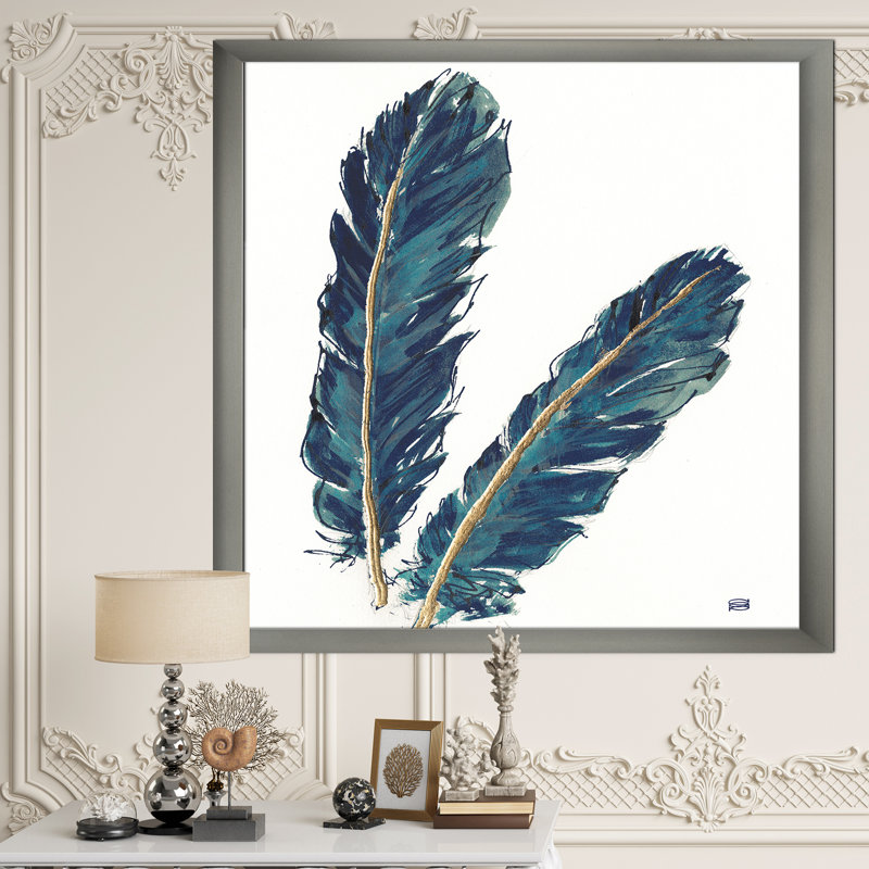 « gold indigo plumes iv »-cadre photo sur toile, H 46 po x l 36 po x P 1,5 po, Cadre argenté