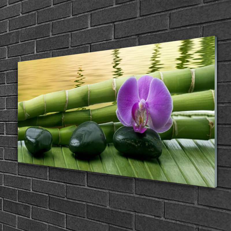 Floral Flower Stones Bamboo Stalks - No Frame Print on Glass