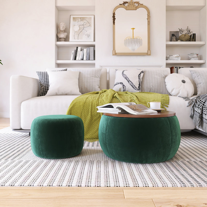 Round Storage Ottoman, 2 In 1 Function, Work As End Table And Ottoman, Brown, Green