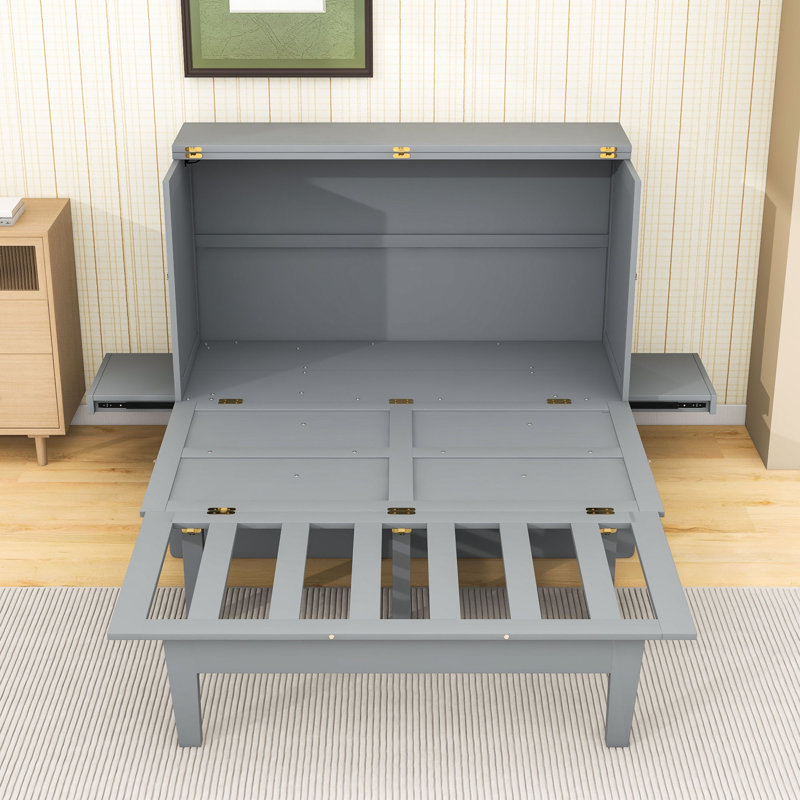 Lit escamotable en bois avec station de charge, tablettes et bureaux coulissants de chaque côté, Gris, Grand lit