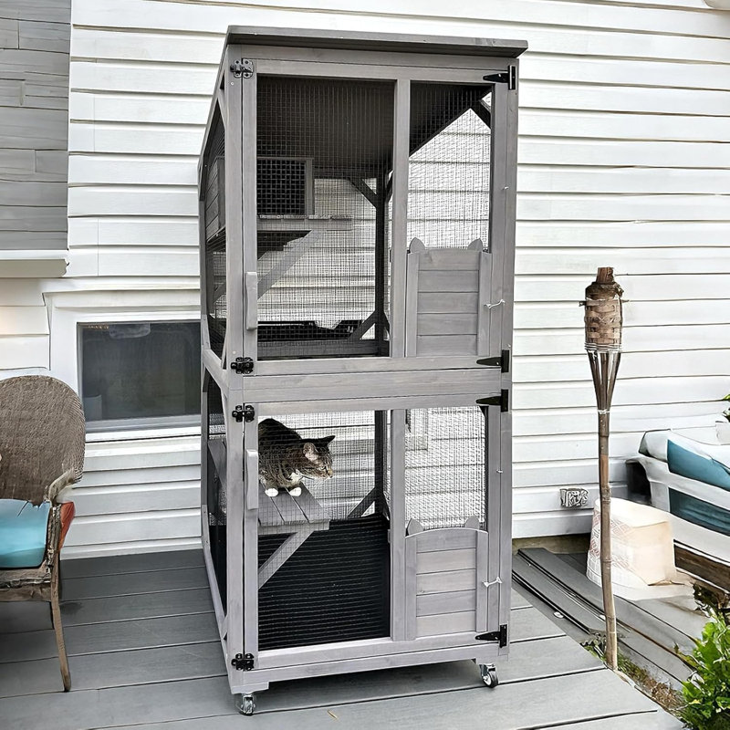 Enceinte pour chat sur roulettes 70,9 "avec boîte de repos améliorée, toit imperméable, Gris