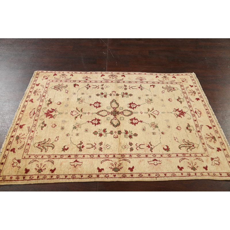 Tapis beige / rouge en laine noué à la main de conception unique 4 pi 0 po x 5 pi 5 po