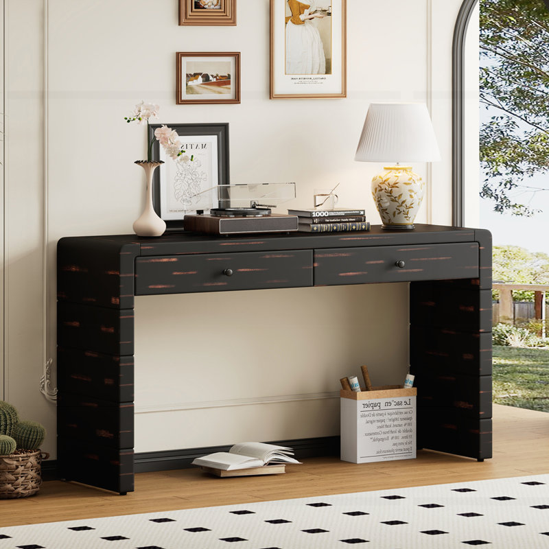 Curved Console Table with 2 Drawers, Distressed Black