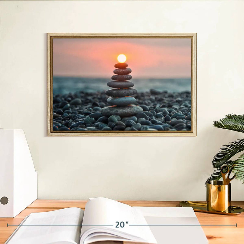 Zen pile au coucher du soleil, Cadre flottant en bois naturel, 13 po x 9 po