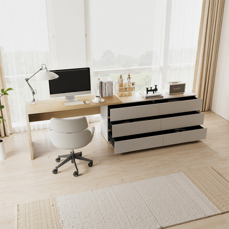 97.6’‘ Extendable Home Office Dresser Desk L-Shaped Computer Desk With Storage Drawers, Oak/Ivory