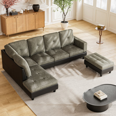 Ensemble de canapé en forme de L de 105 po, ensemble de canapé en flanelle et en pvc 3 pièces avec coussins et repose-pieds avec rangement, ensemble de canapé avec cadre en bois massif, canapé de salon à assemblage facile pour appartement, maison, m