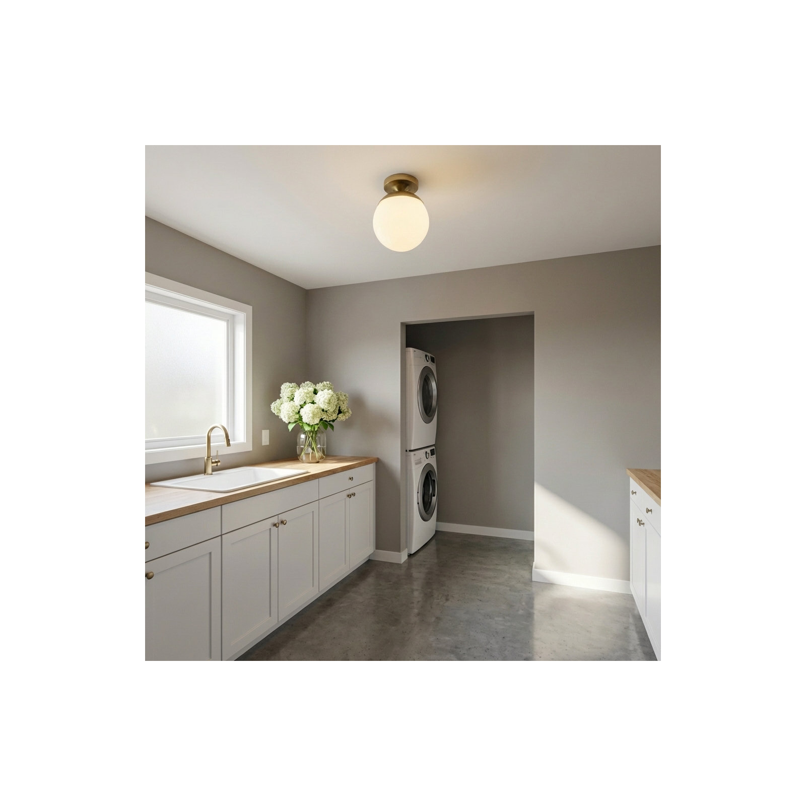 Meri Single Light Glass Semi Flush Mount, White, No, Satin Brass