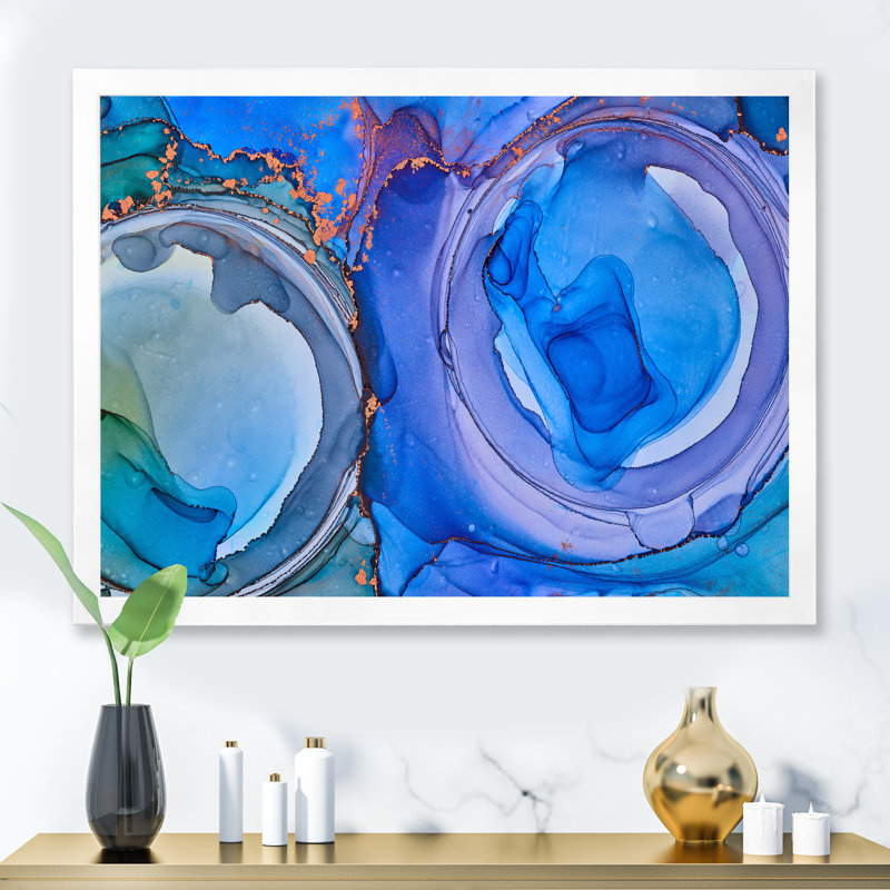 Bleu luxueux abstrait fluide XXII - Peinture sur toile, H 12 po x l 20 po, Cadre de coin blanc fermé
