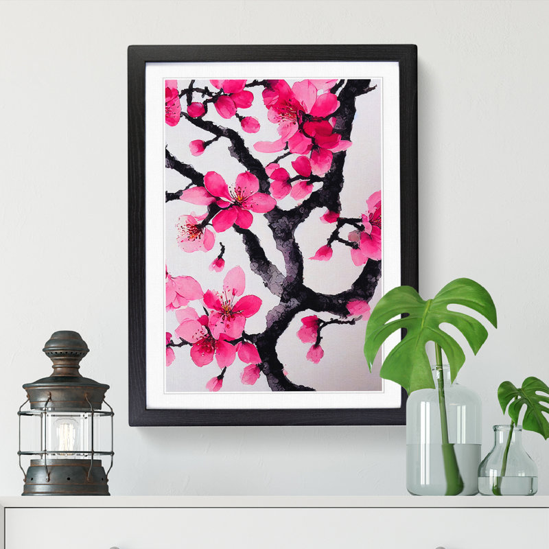 Watercolour Cherry Blossom Tree Vol.3 - Picture Frame Print, 64cm H x 46cm W x 2cm D, Black