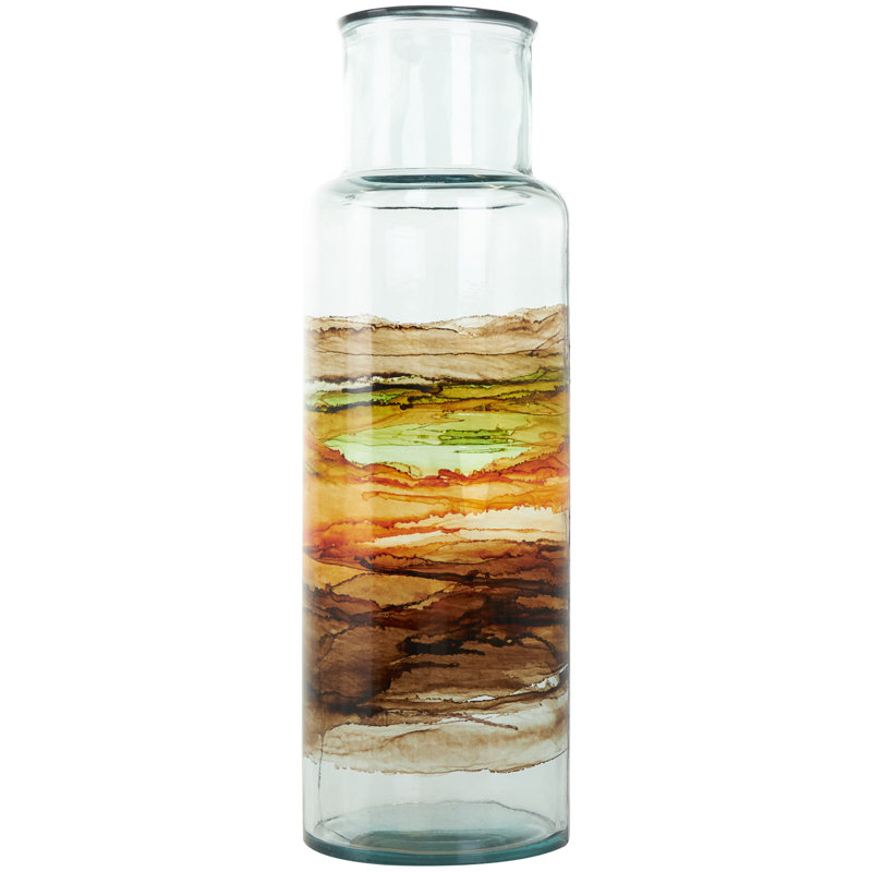 Donsha Recycled Glass Abstract Decorative Clear Vase with Swirled Colored Glass Bands, 17.65"H x 5.7"W x 5.75"D, Clear