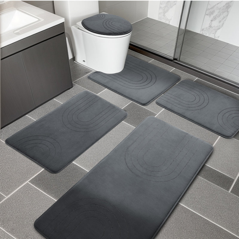 5 Piece Plush Memory Foam Bath Rug Set with Non-Slip Backing and High Absorbency, Dark Gray