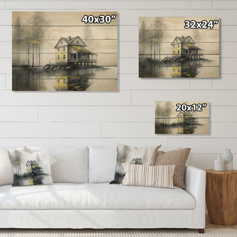 Cottage par le lac III - impression sans cadre sur bois, H 12 po x l 20 po x P 1 po