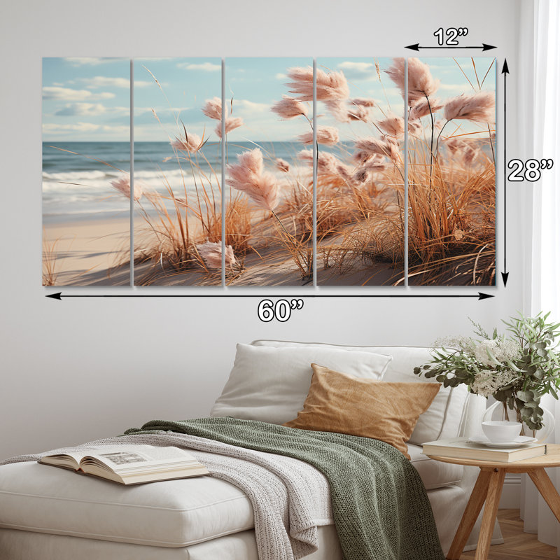 «Ocean Spring Bliss Tender Pastel Beach Grass I», reproduction d'art mural plage - 5 panneaux égaux