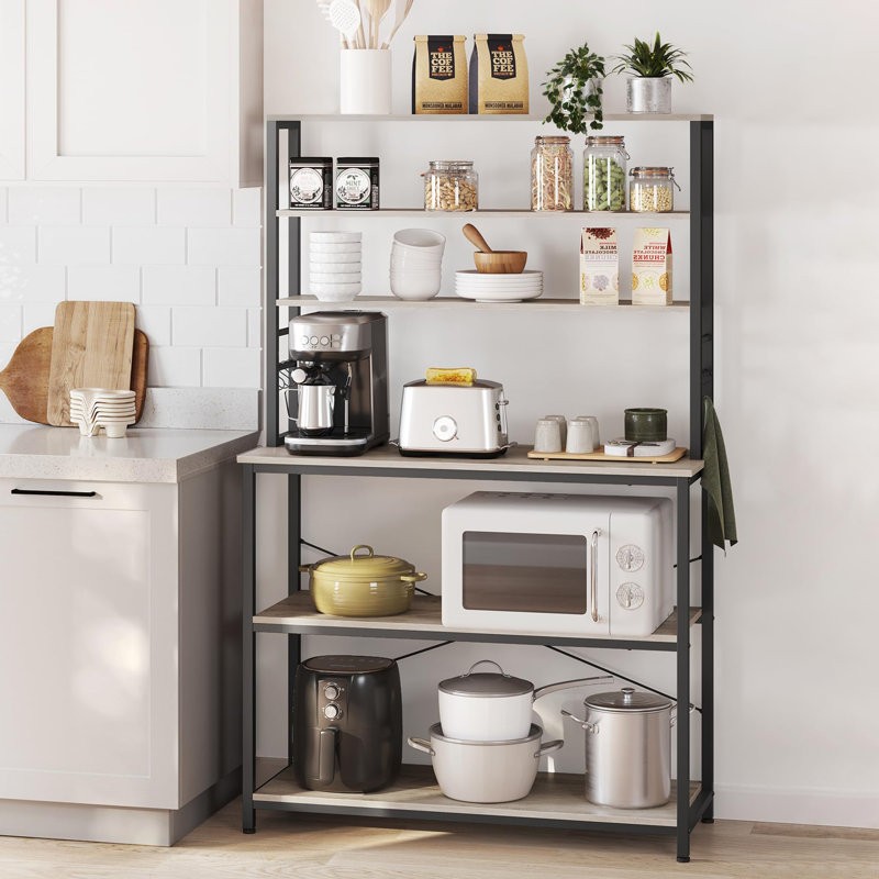 Kitchen Storage Rack, Coffee Bar, Baker's Rack, Total 6 Shelves and 6 Hooks, for Microwave