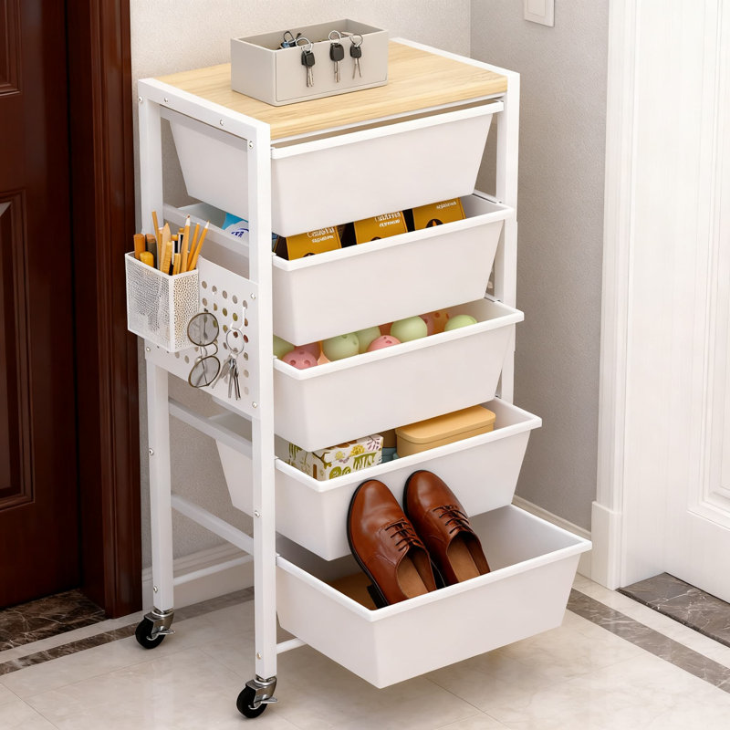 Chariot de rangement roulant à 5 tiroirs avec plateau en bois, panneaux perforés et panier - Chariot mobile pour la maison, le bureau et la salle de classe