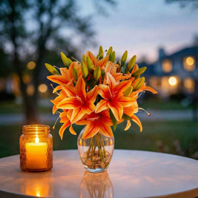 Fleurs artificielles réalistes de tigre Lilia dans un vase - Lys orange véritable, eau artificielle, arrangement floral élégant pour la décoration de bureau personnel, occasions spéciales, anniversaire, anniversaire