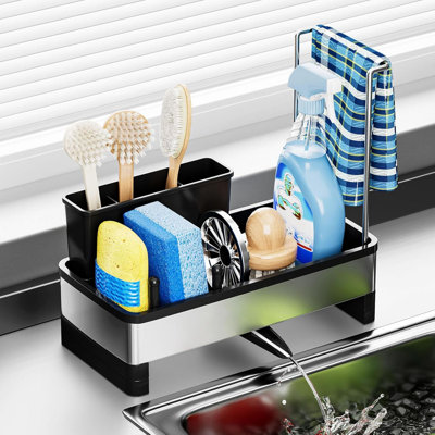 Porte-éponge en acier inoxydable pour évier de cuisine avec drain à rotation automatique, organisateur d'évier multifonctionnel pour éponges, lavettes, coutellerie et baguettes, installation sans outil