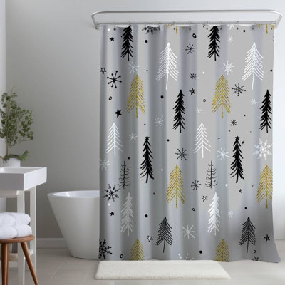 Christmas Tree Pattern Kids Art Bedroom – White – Polyester Shower Curtain, Dye Sublimation Print, 71" W × 74" L