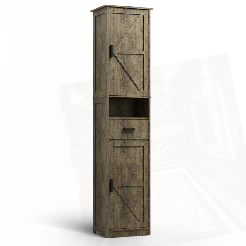 Tall Bathroom Storage Cabinet With 2 Barn Doors And 1 Drawer, Gray