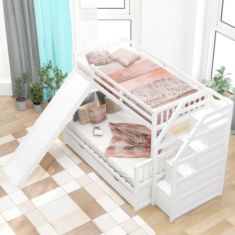 Lit simple superposé au dessus d'un lit double avec tiroirs, rangement et glissade, White