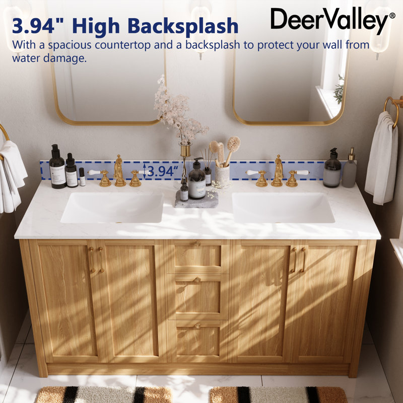 61" White Engineered Stone Double Vanity Top with Ceramic Sinks