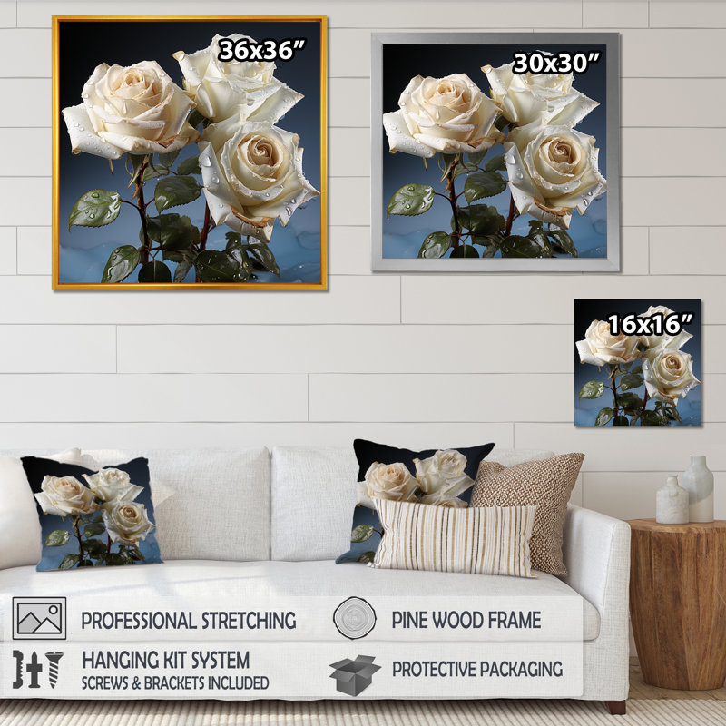 Monocrhome roses blanches en fleurs, H 16 po x l 16 po x P 1 po, Cadre flottant blanc