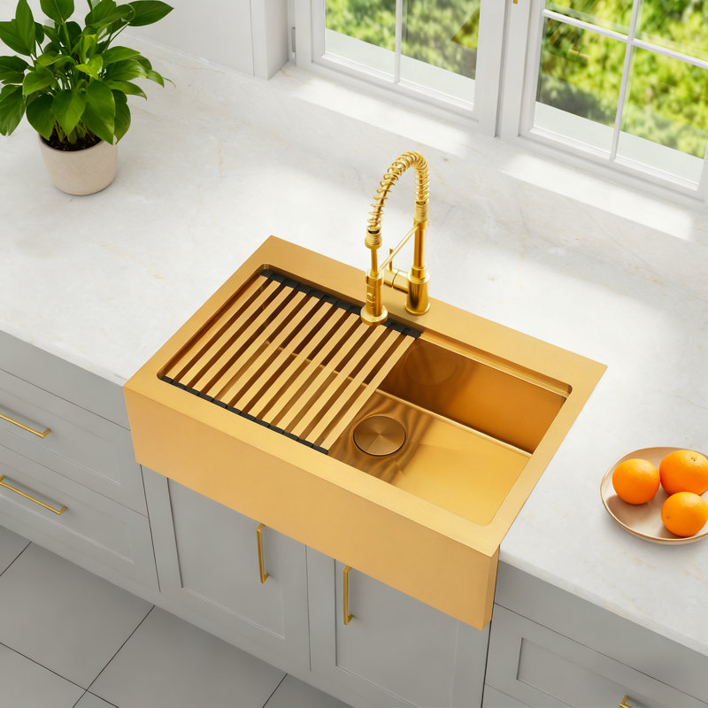  33" L x 22" W Workstation Gold Farmhouse Apron Front Kitchen Sink 16 Gauge Stainless Steel Single Bowl With Accessories