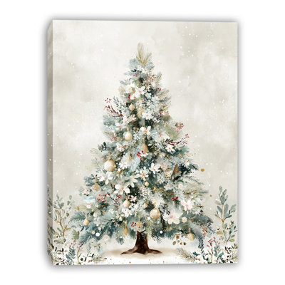 Elegant Winter Floral Christmas Tree Wrapped Canvas Wall Art