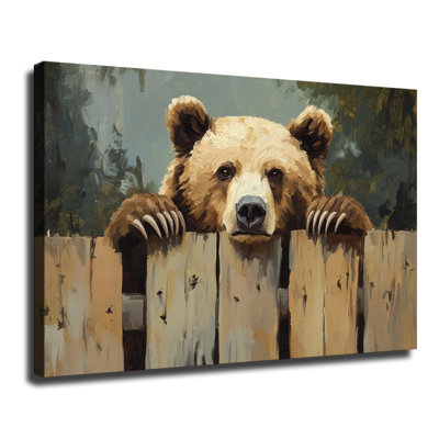 Adorable ours brun grizzly regardant par-dessus une clôture en bois, peinture à l'huile, grande toile tendue sur châssis, idéale pour le salon ou la chambre.