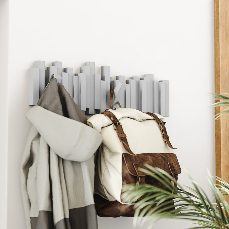 Sticks 5-Hook Wall-Mounted Coat Rack, Flip-Down Hooks for Entryway, Bedroom, Office, Grey
