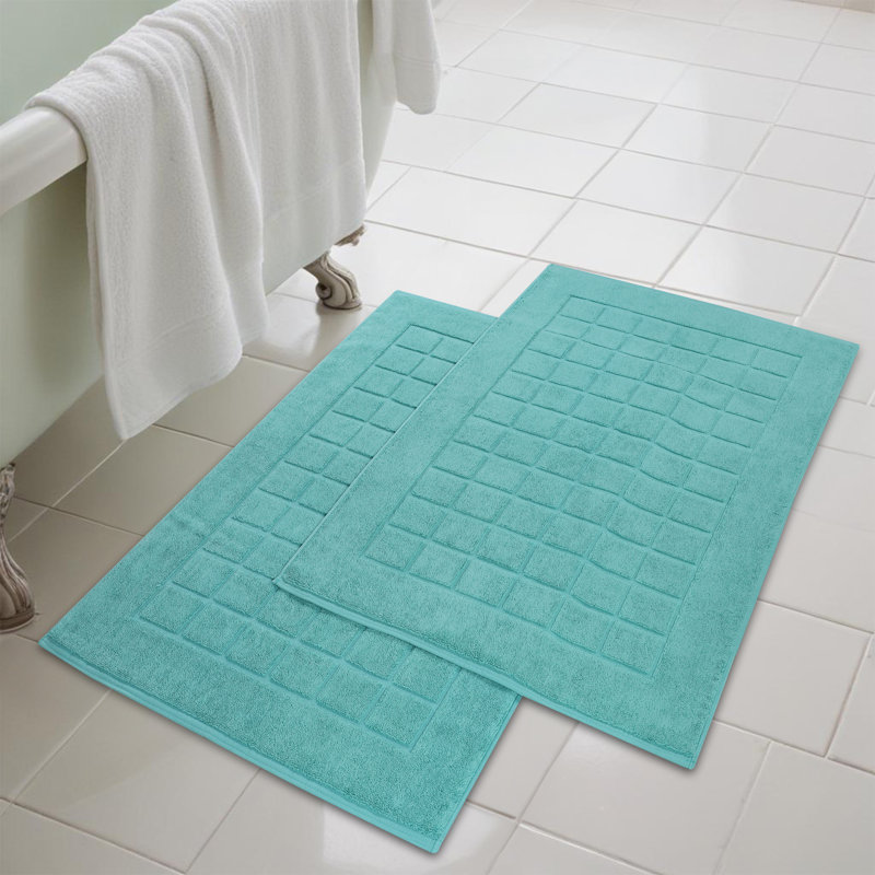 Nora Cotton Terry Solid Absorbent Thick Checkered Washable Bath Mat Set Of 2, Turquoise