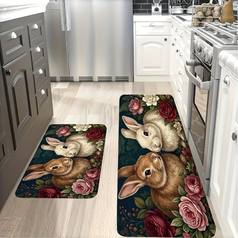 Tapis de cuisine Floral Bunny pour cuisine, 2 pièces, bleu marine multicolore