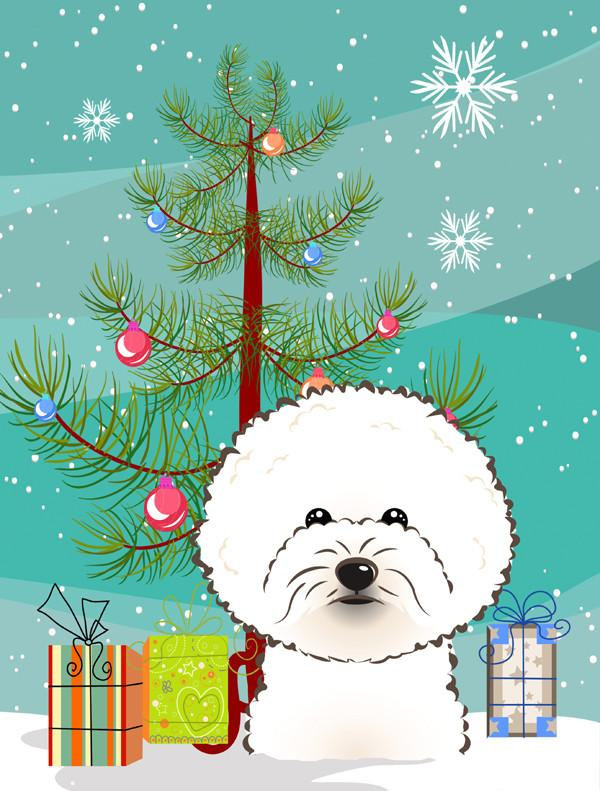 Drapeau en polyester 2 côtés sous l’arbre Silloth, Bichon frisé, H 40 po x l 28 po x P 0,01 po, Drapeau pour la maison