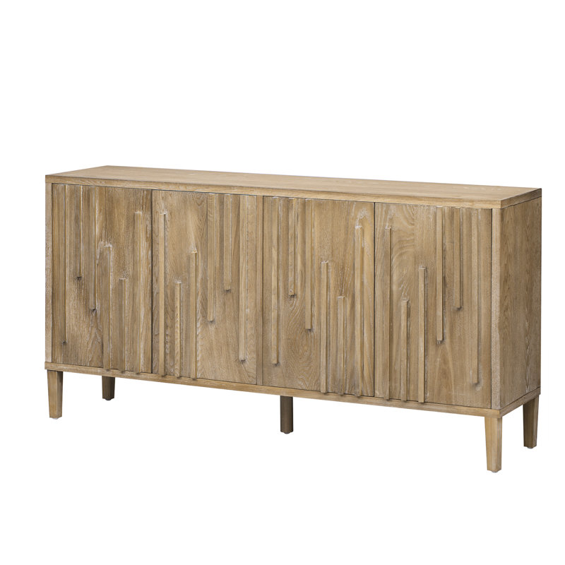 Buffet à 4 portes de style U en U 59,8 po, placage de frêne massif, poignées dissimulées, pour une utilisation principale - motifs visuels surélevés, structure de soutien centrale, grand espace de rangement