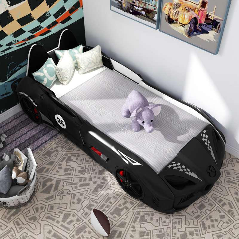 Lunnie Twin Car Bed With Lights, Blue, Black