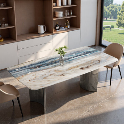 63" Modern Marble Dining Table with Sculptural Base, Rectangular Stone Tabletop for 4–6 People, Contemporary Luxury Dining Table for Kitchen & Dining Room