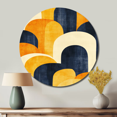 «Bold Arch Play In Mustard And Blue», art mural rond en métal abstrait