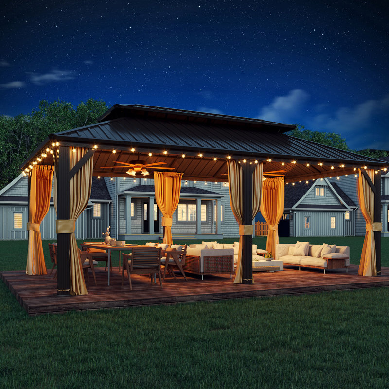 20 Ft. W x 12 Ft. D Hardtop Gazebo, Galvanized Steel Double Roof with Aluminum Frame, Outdoor Gazebo with Curtains and Nettings for Patio, Backyard and Deck