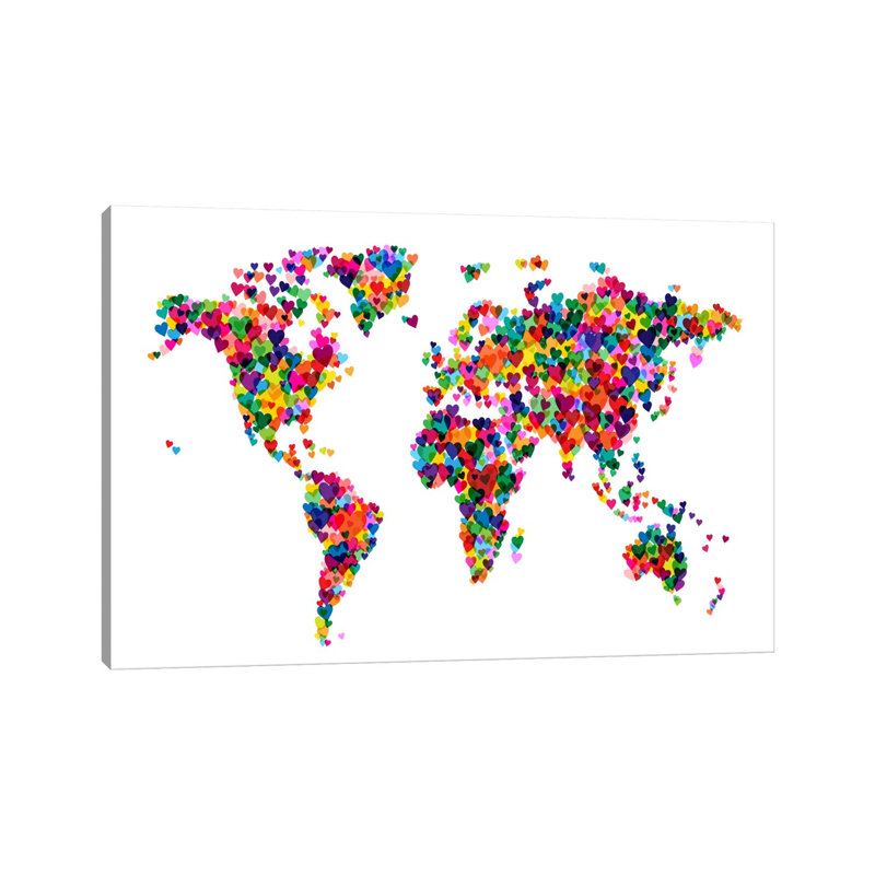 World Map Hearts Multicolor by Michael Tompsett - Print on Canvas, Wrapped Canvas, 66.04 cm H x 45.72 cm W, White/Red/Green