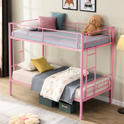 Metal Bunk Bed Pink Twin Over - Modern Bedroom Space Optimization, Steel Structure For Long-term Use, Quiet And Environment, High Capacity Support, Safe Stair Entry, Easy Assembly With Clear Guide,
