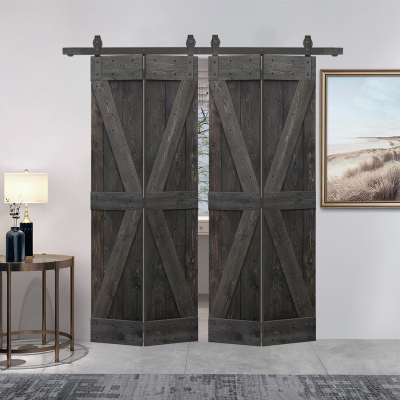 Porte de grange pliante en bois de pin avec quincaillerie coulissante, Noir anthracite, 48 po x 84 po