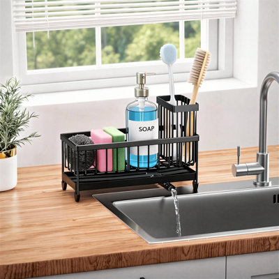 304 Stainless Steel Kitchen Sink Storage Rack With Washbasin Compartment, 9.43-Inch Black, Rust-Resistant And Easy To Organize.