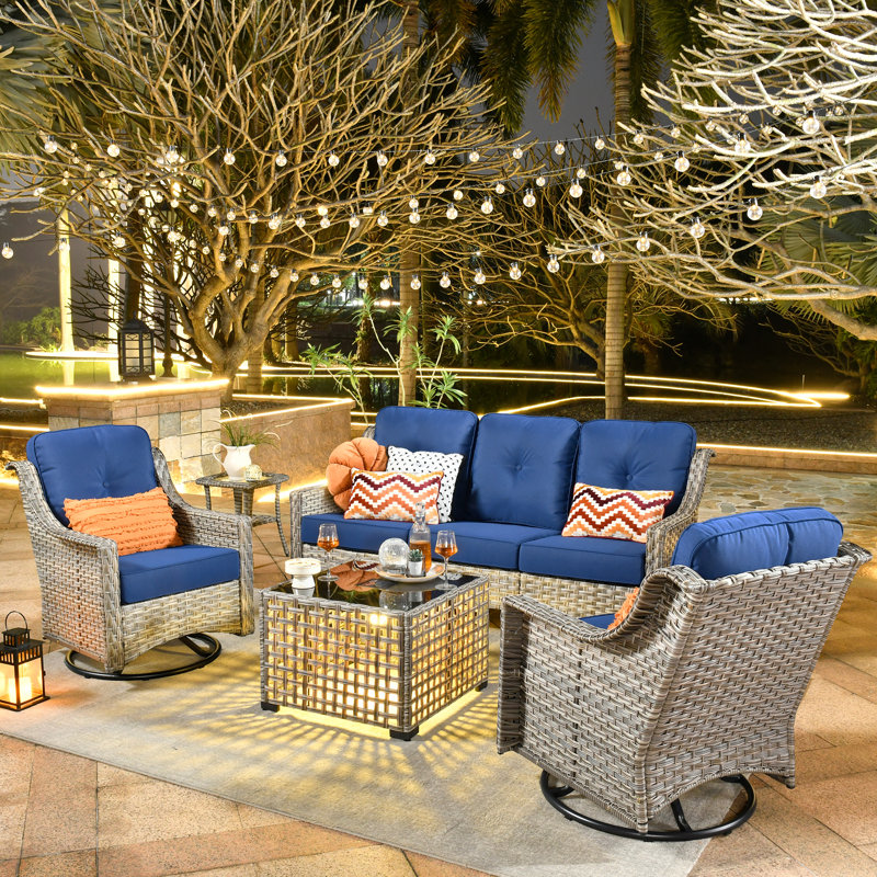 Emanuell 5 - Person  Patio Conversation Sets, Premium All-Weather Wicker Patio Sofa Set with Cushions, Navy