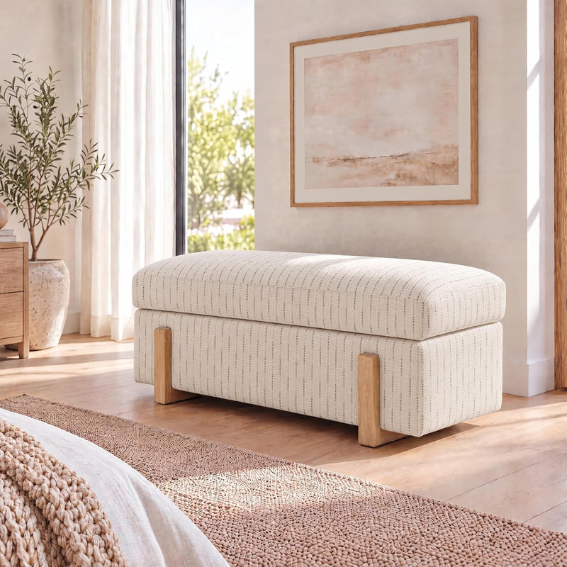 Upholstered Foam Bench, Linen-Green Stripe