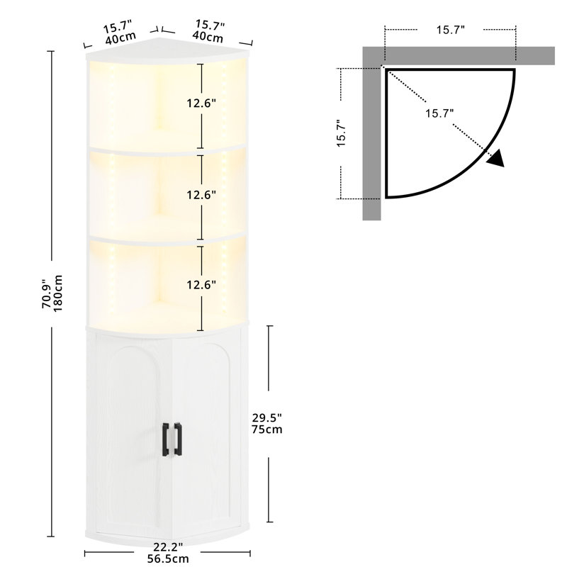 Modern Style Wooden White Corner Shelf With Doors,70.9" Tall Corner Bookshelf,5-tier Storage Cabinet With Doors,corner Cabinet With Led Light For Small Space