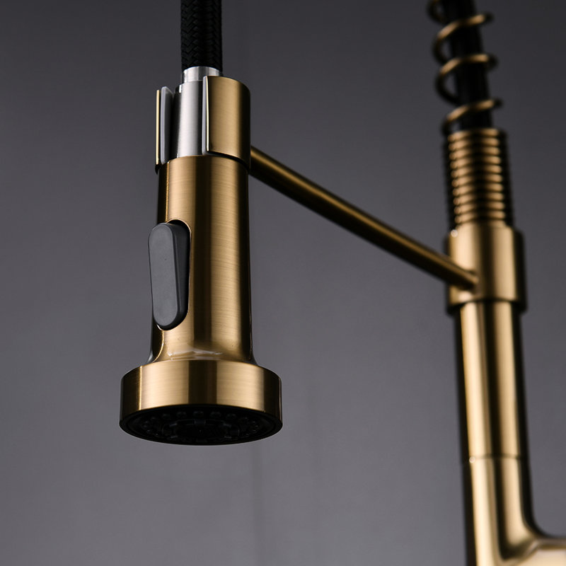Robinet de cuisine contemporain doré avec segment rétractable, levier à poignée simple, rotation sur 360 °, bec arqué haut, robinet en céramique, unité commerciale en laiton