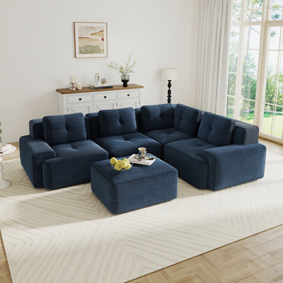 Canapé modulaire moderne à 4 places, canapé d'angle en V, tissu velours côtelé, assise profonde, repose-pieds mobile, passepoil perlé, conception capitonnée, sans assemblage, conception antidérapante, bleu