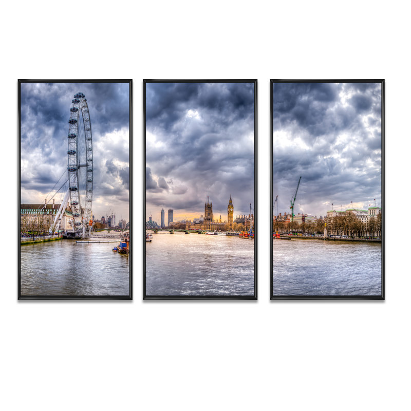 «London Skyline And River Thames - Cityscape», ensemble d'art mural sur toile encadré, H 28 po x l 36 po x P 1 po, Cadre noir